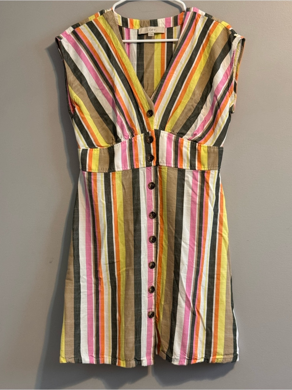LOFT Size 8 Striped Button Front Mini Dress‎ V Neck Summer Sundress